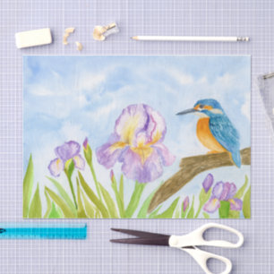Eisvogel mit violetten Schwertlilien in Aquarell  Seidenpapier
