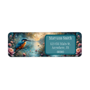 Eisvogel über Wasser mit rosa Blumen thronend