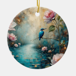 Eisvogel und rosa Rosen Keramik Ornament