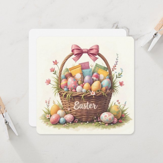 Eizellbasket mit farbenfrohen Ostereiern Einladung (Vorderseite/Rückseite Beispiel)