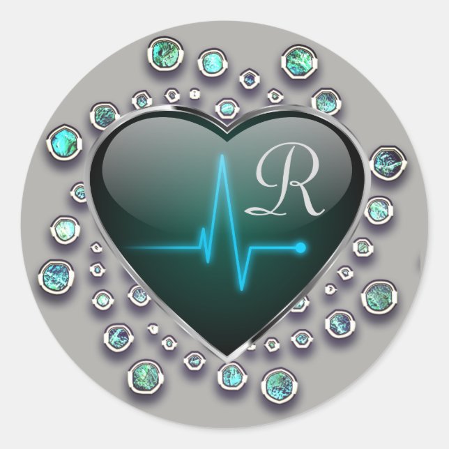 EKG Herzjuwel sieht grau schwarz blau aus Runder Aufkleber (Vorderseite)