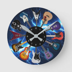 Ektrische Gitarre Kreis Blaue Blitze Runde Wanduhr