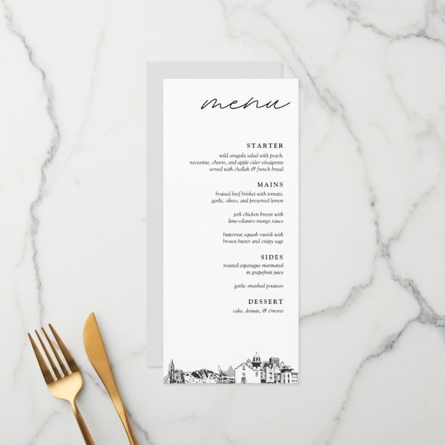 El Paso Skyline Modern Wedding Dinner Menu Menükarte (Vorderseite/Rückseite Beispiel)
