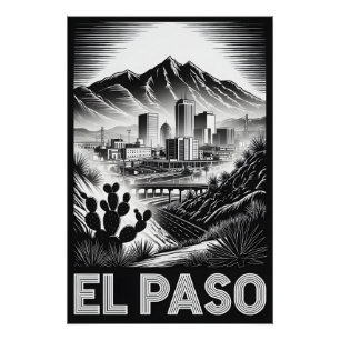 El Paso Texas Skyline Schwarz Weiß Holzschnitt Poster