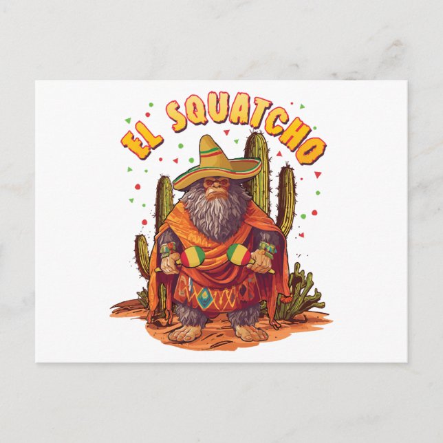 El Squatcho Bigfoot mit Maraca, Sombrero und Ponc Postkarte (Vorderseite)