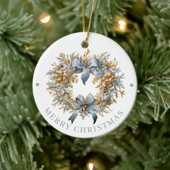Elaborate Blue and Gold Wreath Merry Christmas  Keramik Ornament (Baum)