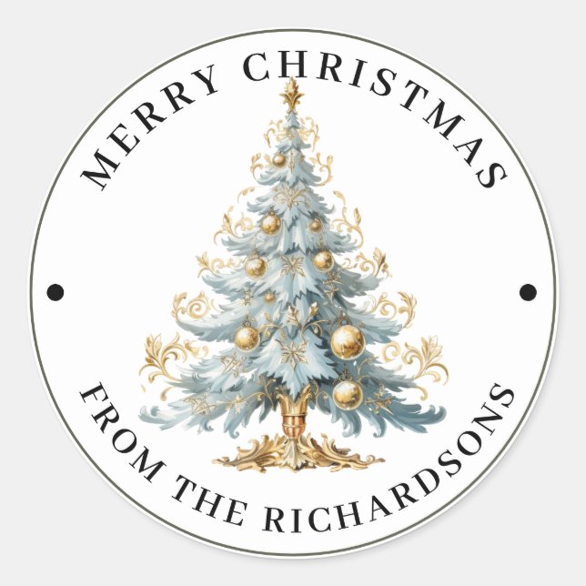 Elaborate Victorian Tree in Blue Merry Christmas  Runder Aufkleber (Vorderseite)