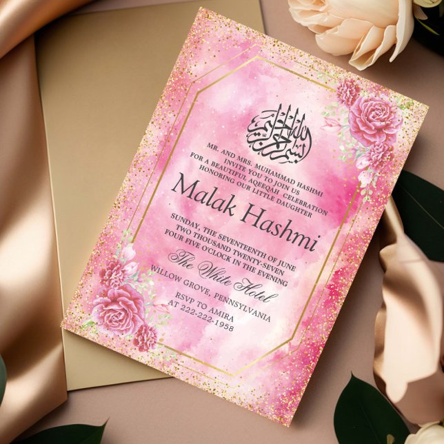 Elagant Pink Floral Aquarell Islamische Aqeeqah Einladung (Von Creator hochgeladen)