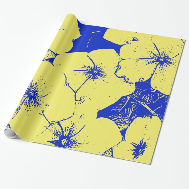 Elastisches großes gelbes blaues Blumen Geschenkpapier (Ungerollt)