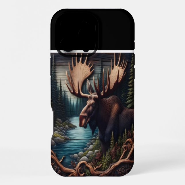 Elch am Bach geschnitzt iPhone 16 Pro Max Hülle (Rückseite)