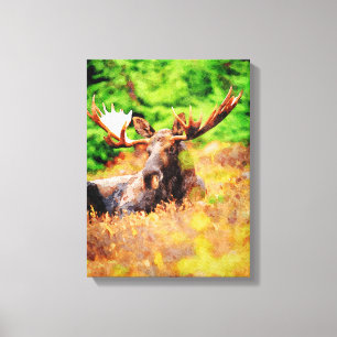 Elch beim Hinlegen Aquarellfarbe Wildtiermalerei Leinwanddruck