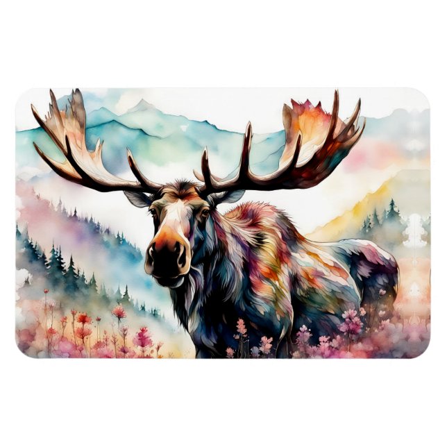 Elch in Aquarell-Wildblumen Magnet (Horizontal)