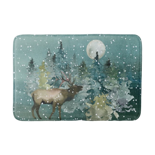 Elch in Forest Full Moon Snowfall Wasserfarbe Badematte (Vorderseite)