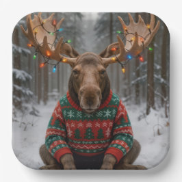 Elch mit hässlichem Weihnachtspullover Pappteller