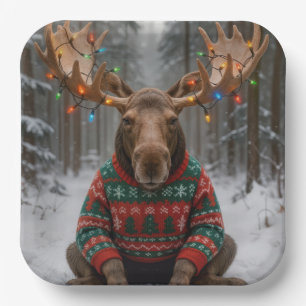 Elch mit hässlichem Weihnachtspullover Pappteller