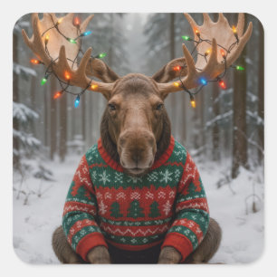 Elch mit hässlichem Weihnachtspullover Quadratischer Aufkleber