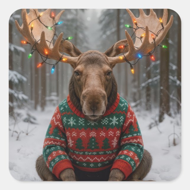 Elch mit hässlichem Weihnachtspullover Quadratischer Aufkleber (Vorderseite)