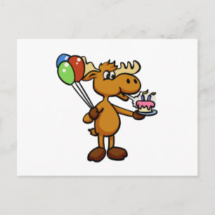 Elch mit Luftballon und Kuchen   Hintergrundfarbe  Postkarte