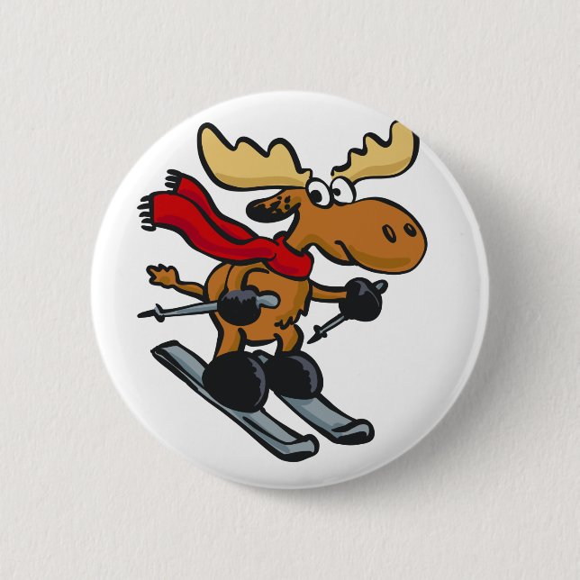 Elch Skier Cartoon | Hintergrundfarbe auswählen Button (Vorderseite)