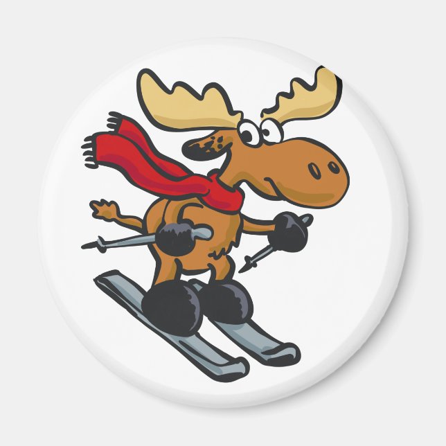 Elch Skier Cartoon | Hintergrundfarbe auswählen Magnet (Vorne)