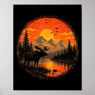 Elch Sonnenuntergang Berg Wald See Wildnis Poster