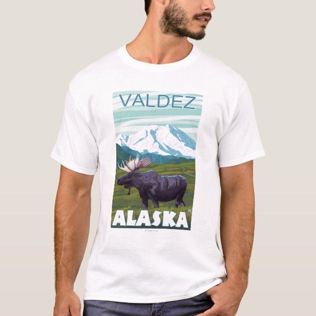 Elch-Szene - Valdez, Alaska T-Shirt (Vorderseite)