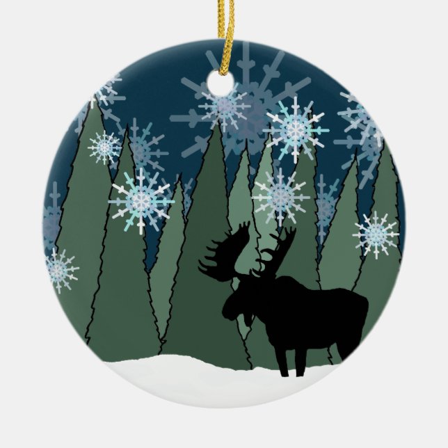 Elch- und Schneeflockenwald Keramik Ornament (Vorne)