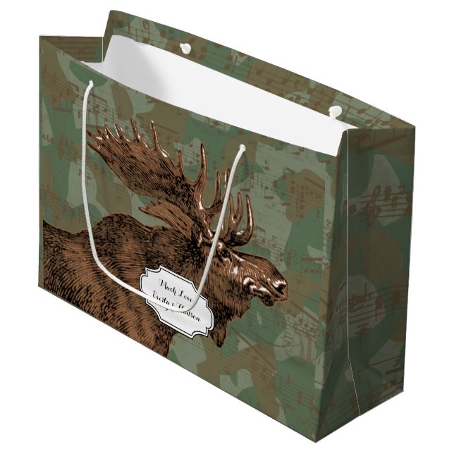 Elche auf Camouflage Große Geschenktüte (Vorderseite Schrägansicht)