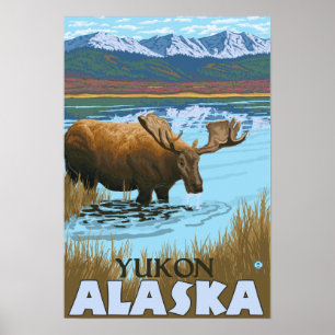Elche, die in See - Yukon, Alaska trinken Poster