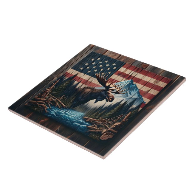 Elche gegen amerikanische Flagge und Berglandschaf Fliese (Seite)