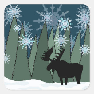 Elche im Snowflake-Wald Quadratischer Aufkleber