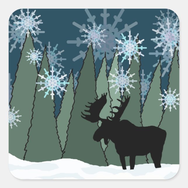 Elche im Snowflake-Wald Quadratischer Aufkleber (Vorderseite)