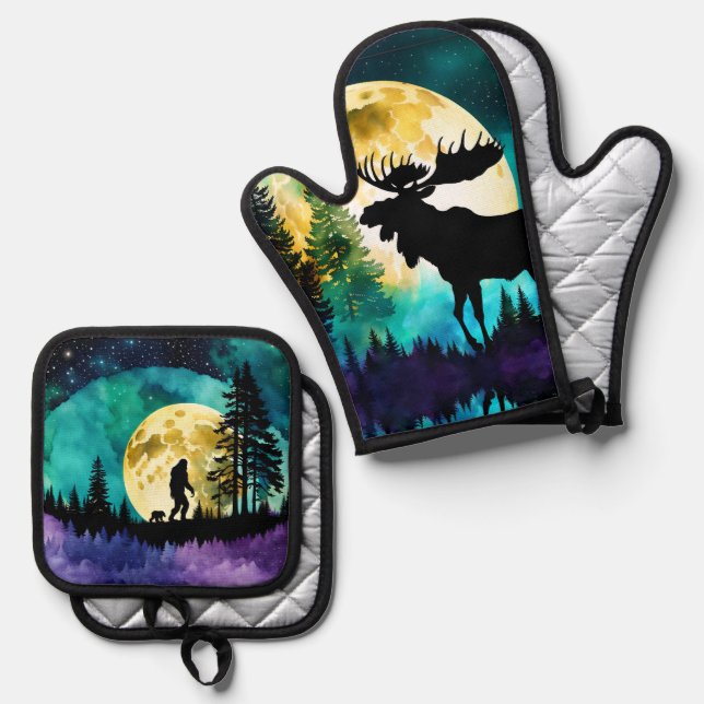 Elche im Wald Vollmond Ofenhandschuh & Topflappen-Set (Vorderseite/Rückseite)