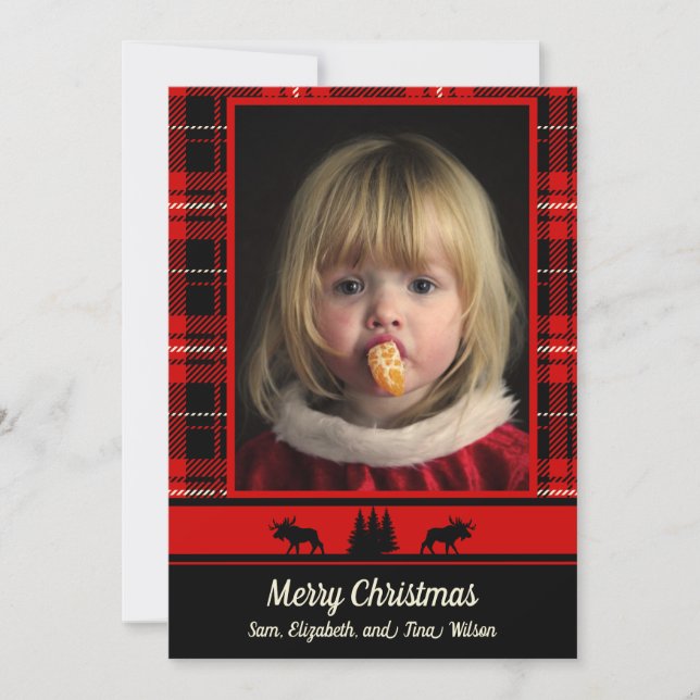 Elche in den Woods Red Kariert Foto Weihnachten Ankündigung (Vorderseite)