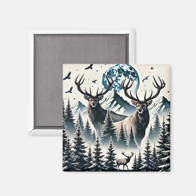 Elche in einem Mystischen Wald unter einem Mondlic Magnet (Vorderseite/Rückseite)