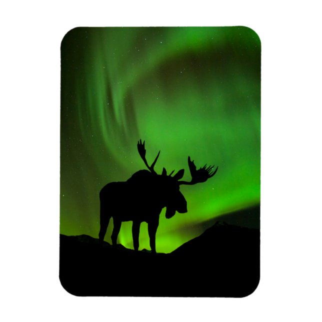 Elche mit grüner Aurora Borealis, Alaska Magnet (Vertikal)