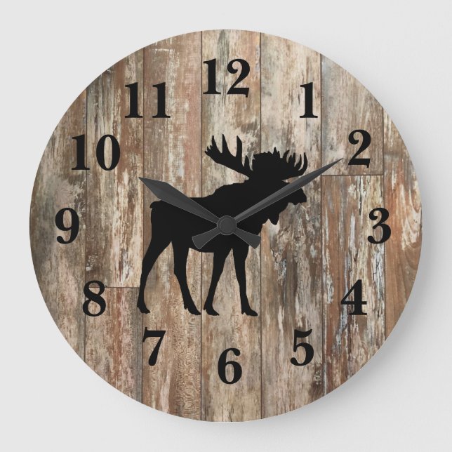 Elche schwarze Silhouette Shiplap Rustikale Dekora Große Wanduhr (Vorderseite)