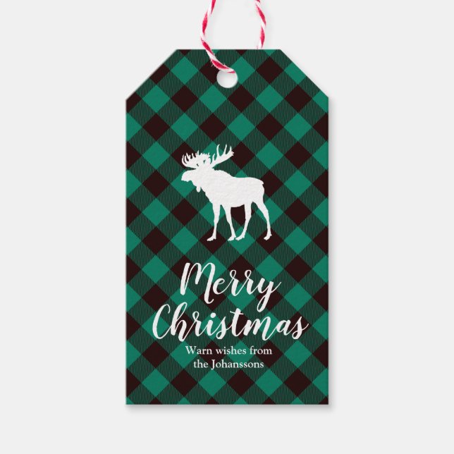 Elche und Buffalo Green Karierte Muster Weihnachte Geschenkanhänger (Vorderseite)