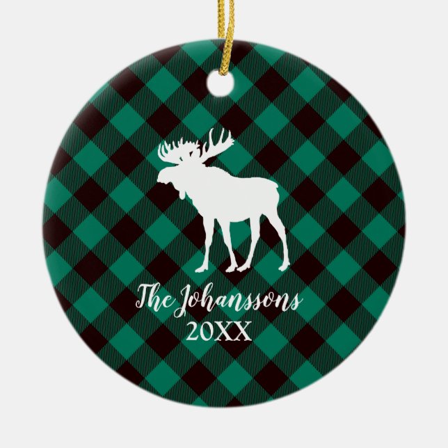 Elche und Buffalo Green Karierte Muster Weihnachte Keramikornament (Vorne)