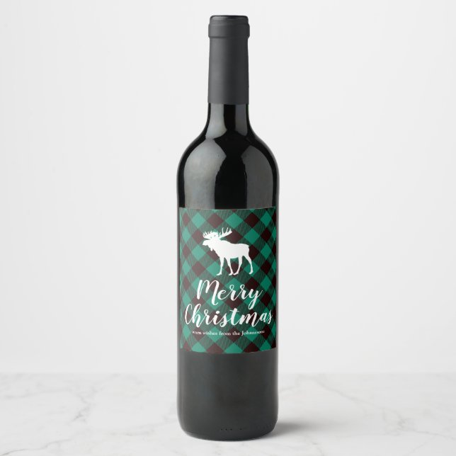 Elche und Buffalo Green Karierte Muster Weihnachte Weinetikett (Vorderseite)
