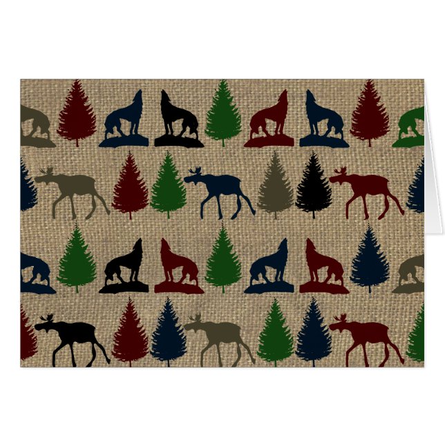 Elche Wolf Pine Tree Rustikaler Burlap Print Outdo (Vorderseite (Horizontal))