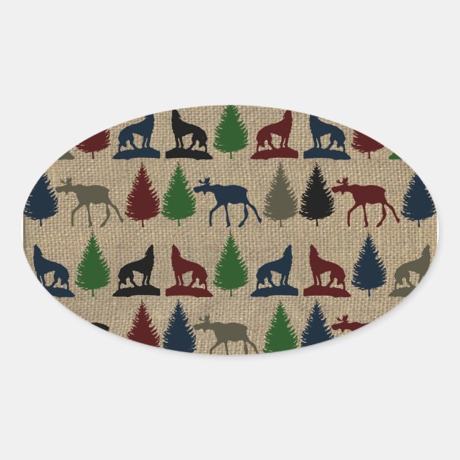 Elche Wolf Pine Tree Rustikaler Burlap Print Outdo Ovaler Aufkleber (Vorderseite)