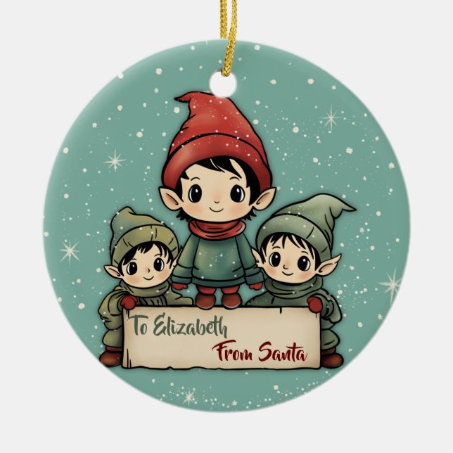 Elchen von Santa Personalisierten Kinder Weihnacht Keramik Ornament (Vorne)