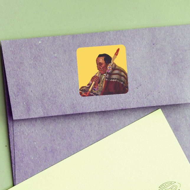 Elder Native American Male Feather Peace Pipe Quadratischer Aufkleber (Native American in traditional clothing with peace pipe on bright yellow stickers.)