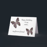 Elder Sister Birthday wünscht Funny Birthday Wises Karte<br><div class="desc">Wünschen Sie Ihrer älteren Schwester einen glücklichen Geburtstag, wünscht dieser lustige Geburtstag eine Karte. Die Vorderseite ist mit zwei schönen, mosaikfarbenen, lila Schmetterlingen gestaltet. Die Innenseite vermittelt nicht nur Ihre aufrichtigen Geburtstagwünsche, sondern lasse auch Ihrer älteren Schwester zu wissen, dass Sie froh sind, dass sie immer älter sein wird als...</div>