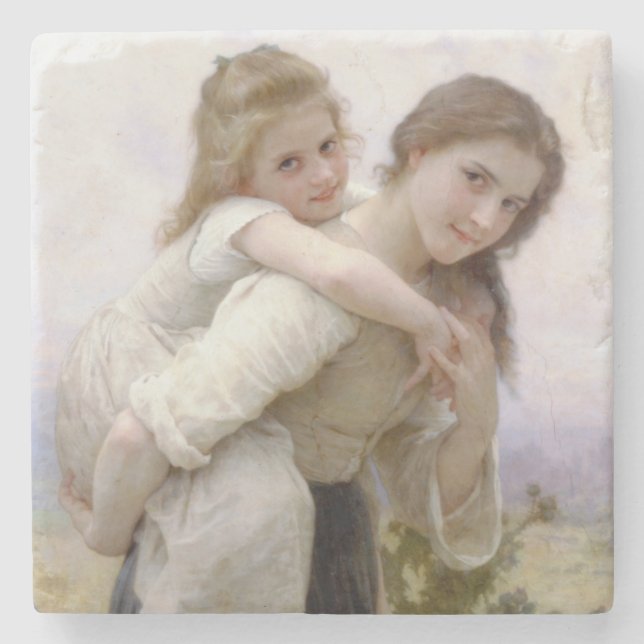 Elder Sister gibt jüngere Schwester Piggyback Ride Steinuntersetzer (Vorderseite)