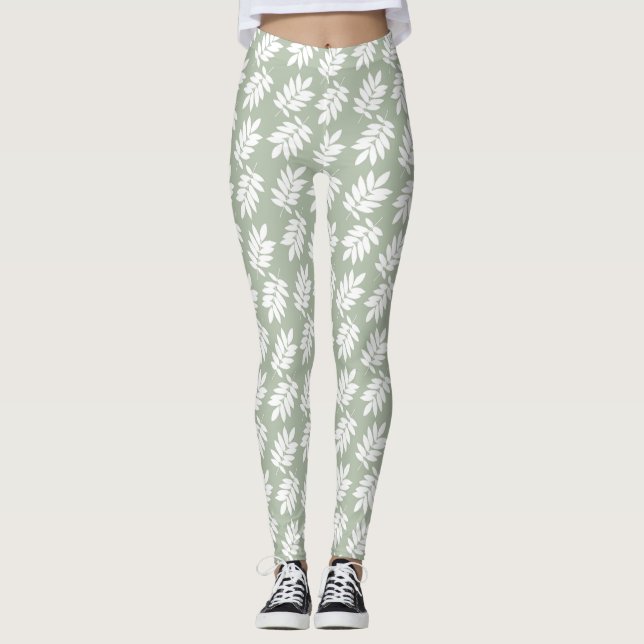 Elderblattmuster Weiß auf Grün Leggings (Vorderseite)