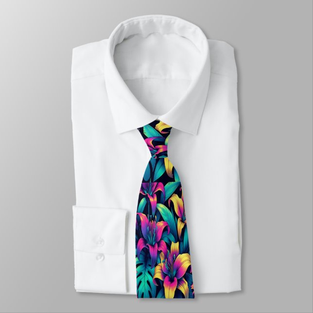 Electric Blooms in Neon Floral Symphony Krawatte (Gebunden)