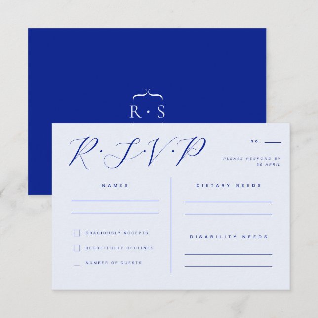 Electric Blue Elegant Minimalistisch Wedding RSVP Einladung (Vorne/Hinten)