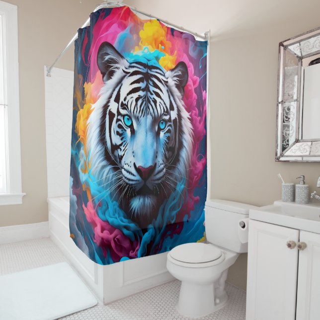 Electric Blue Neon Snow Tiger Portrait Duschvorhang (Beispiel)